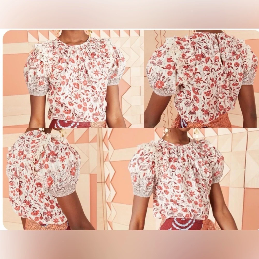 Ulla Johnson Arbor Short Sleeve Blouse Red & Cream Size 0